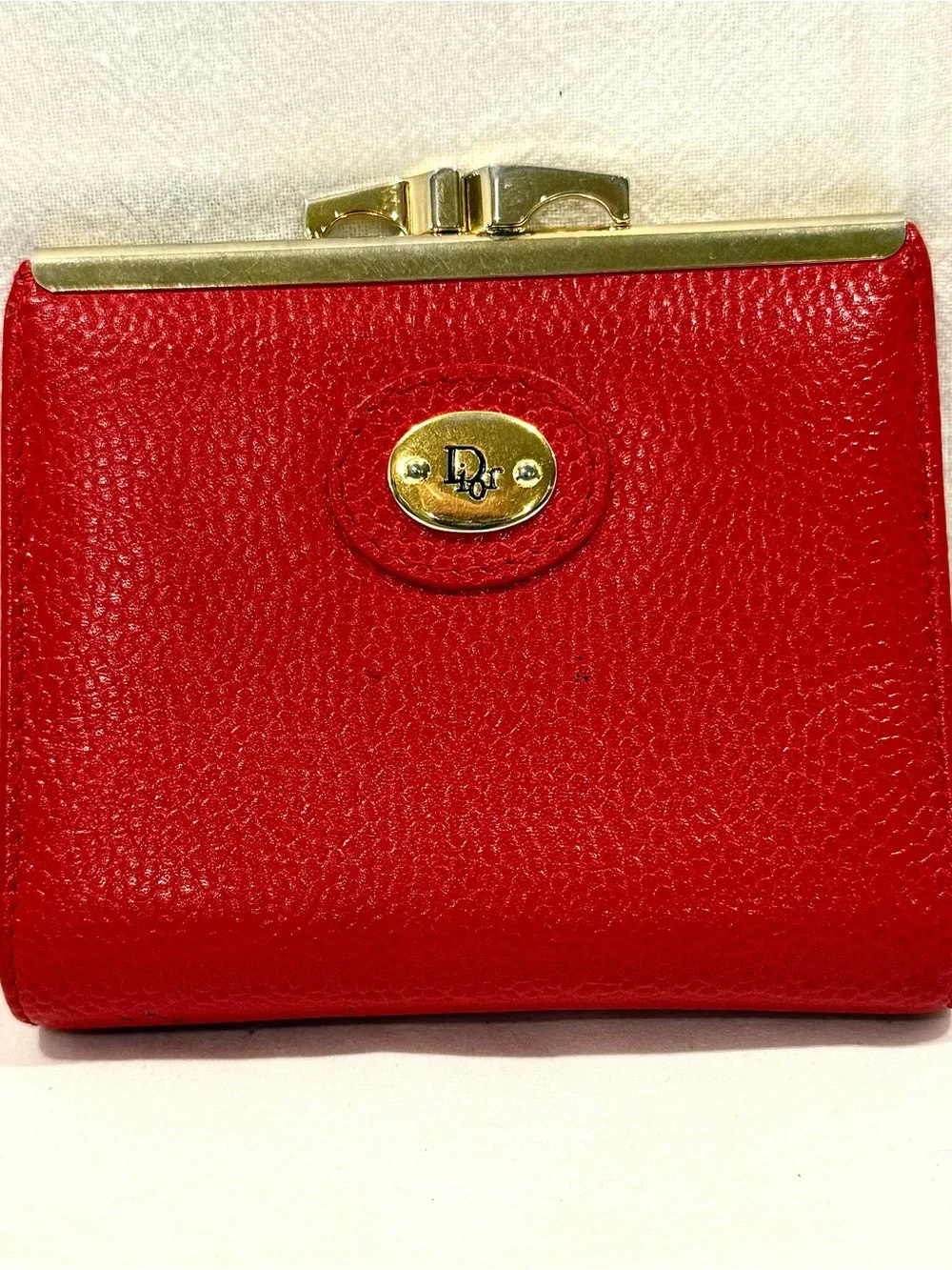 Dior Red Pebbled Leather Compact Coin Purse Wallet with Gold Hardware